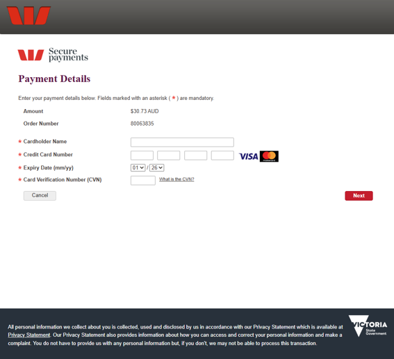 A payment details screen requesting card details for make payment for title certificates.