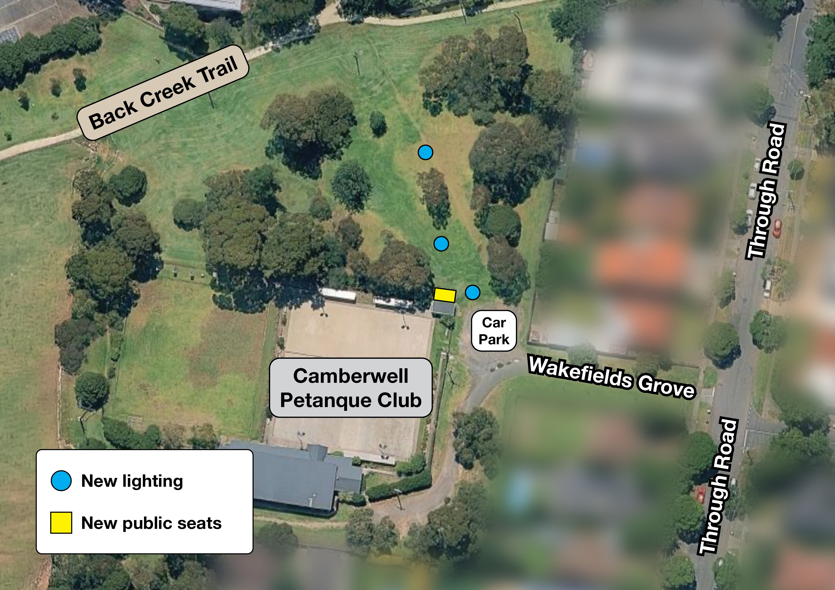 Arial view of Camberwell Petanque Club to Back Creek Trail with blue dots where 3 new lights are going and a yellow area marking new seating.