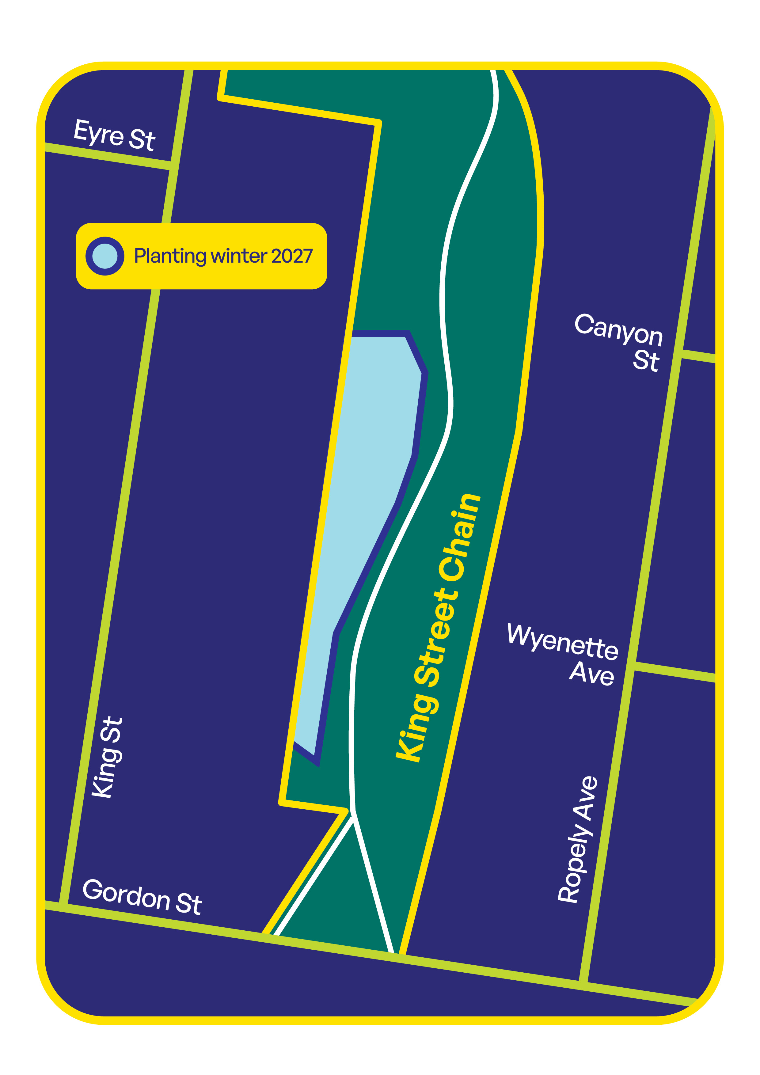 King Street Chain Reseve with an area shaded blue where planting will take place in winter 2027.