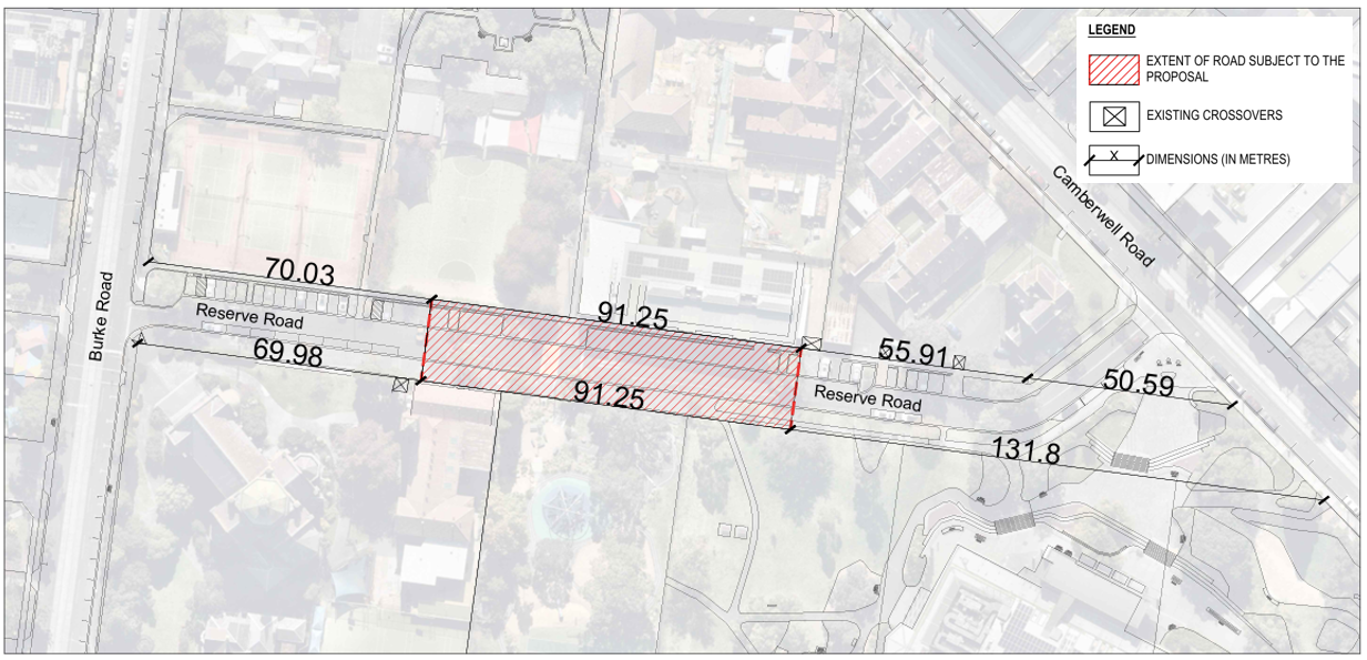 A birds eye view of reserve road. The portion that is being closed is marked in diagonal red lines. 