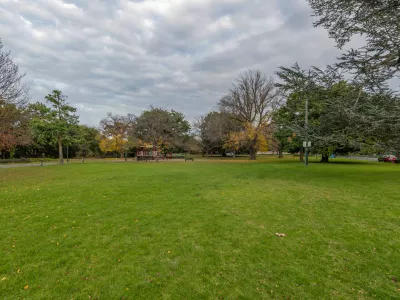 Large grass area with scattered partly bare trees around its edge. There is a playground in the distance and cars on the far right.