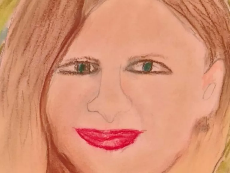 Pastel portrait of a person smiling.