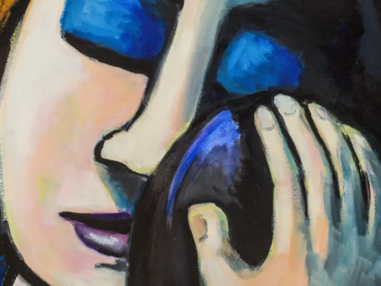 Painting of a woman holding a child to her cheek.