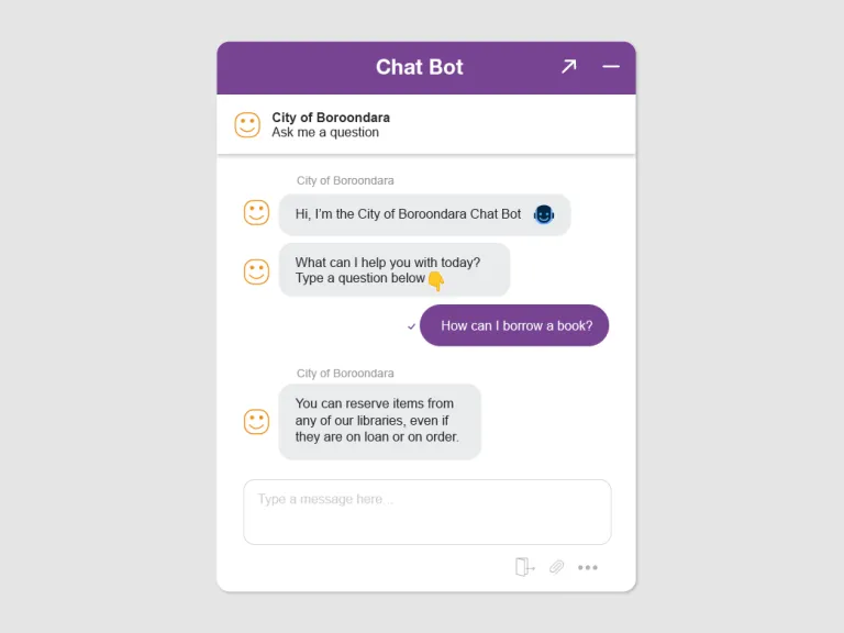 A chatbot conversation window showing the text 'Hi, I'm the City of Boroondara Chat Bot. What can I help you with today? Type a question below' and the reply 'How can I borrow a book?', to which the chatbot responds 'You can reserve items from any of our libraries, even if they are on loan or on order.'