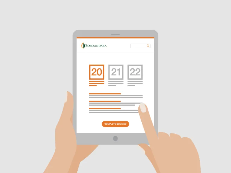 Two hands using an ipad that is showing a screen with 3 dates on it and a button that says 'Complete booking'
