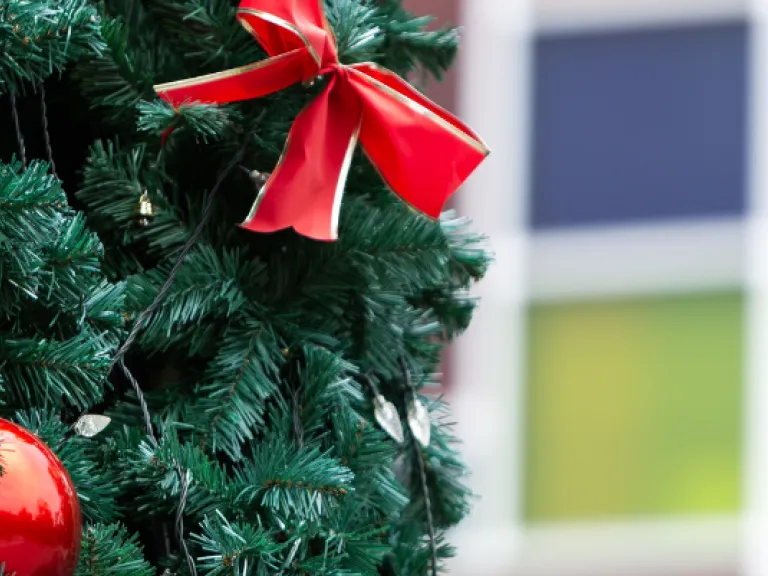 A tree with Christmas colour baubles and a bow