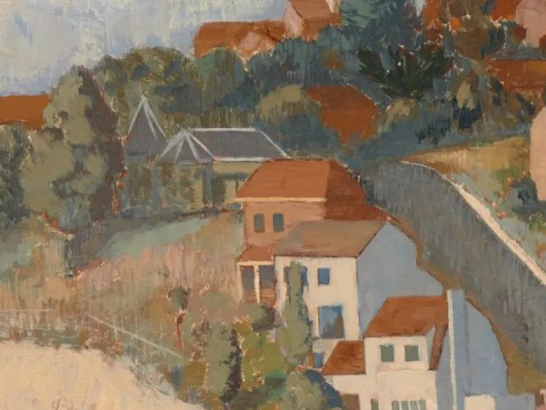 An artwork of a village showing the simple 2 story homes spread out over rolling hills