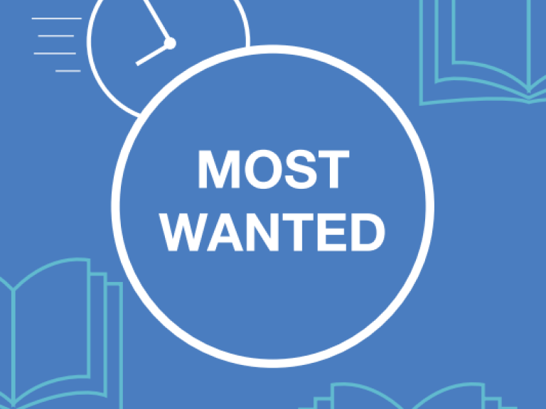 White circle with the words 'most wanted' on a blue background