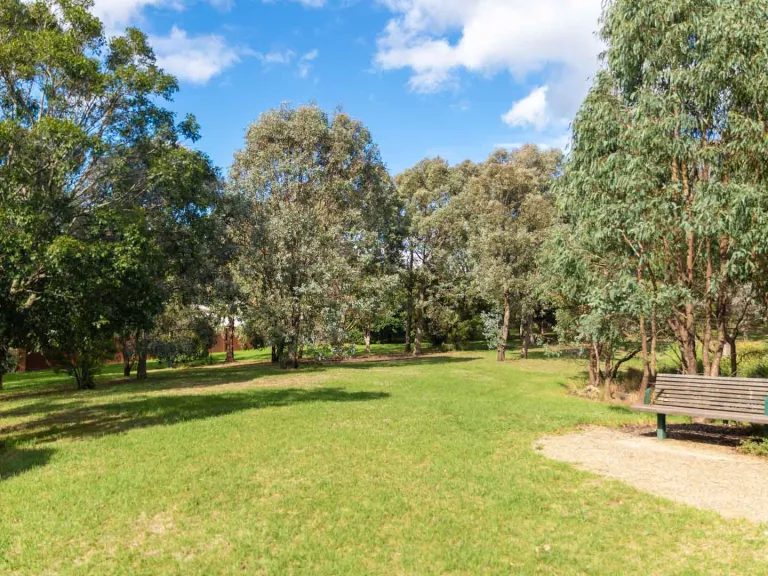 Small grass area surrounded by large trees, with a park bench and dirt patch to the right.