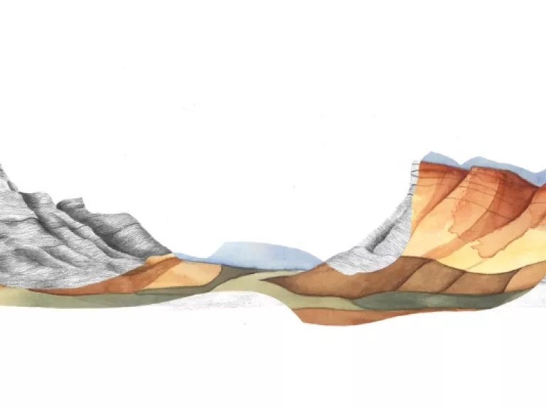 Painting of mountains showing different layers of rock in a landscape view