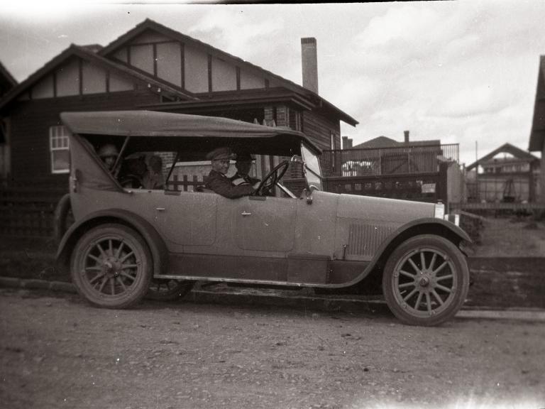 Black and white photograph of vintage car