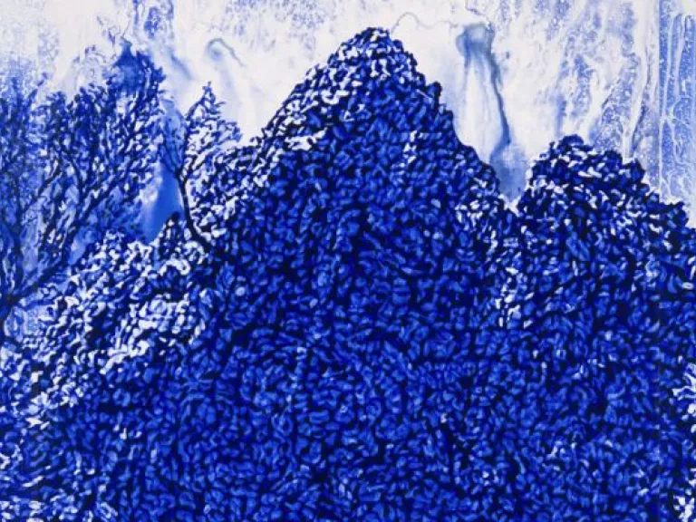 impage of blue and white watercolour painting feauturing trees, sky and rock formations