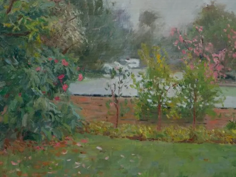 Image of oil painting featuring trees and flowers in a front garden with a street in the backgound