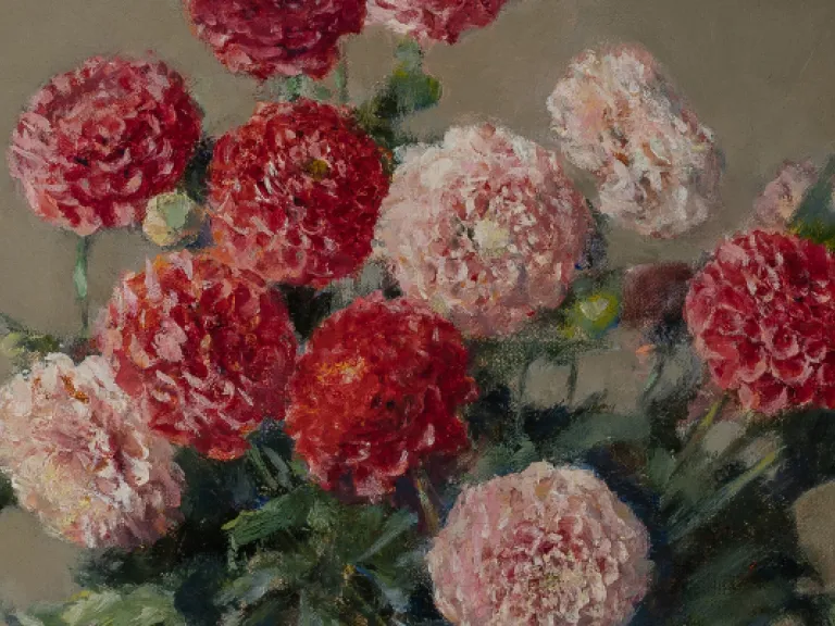 Painting of pink and red flowers in a vase