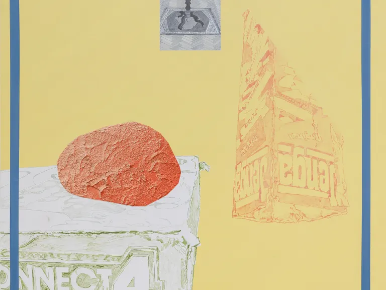 Three disparate pictures float on a yellow background. In the left a hand drawn Connect4 box, partially obscured by a textured splotch of orange paint. On the right an upside down Jenga box. At the top is a black and white drawing of a small round table with fruit on it. 