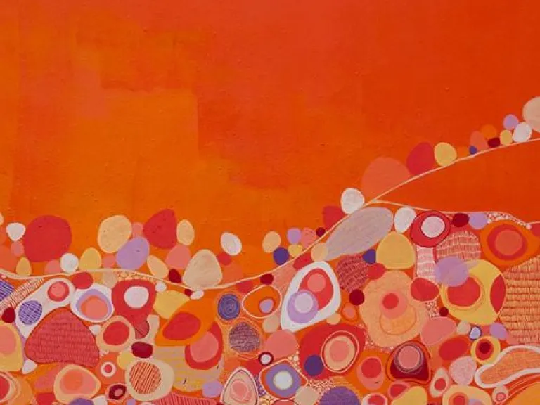 The painting features a vivid red-orange sky above an undulating landscape of circular and oval shapes in pink, peach, yellow, and purple. These forms are outlined with fine lines and filled with patterns like concentric circles and dots. The composition has a rhythmic, layered arrangement creating depth and movement.