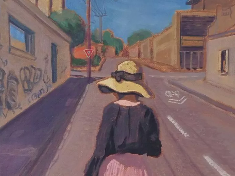 Painting of a woman wearing a sunhat and dark blouse walking away from us and down the street with two dogs. Strong sunlight coming from the left casts her shadow on the right. The street appears to be located in an inner-suburban location, with concrete buildings sprayed with graffiti.  