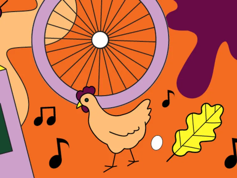 floating objects including a book, paintbrush, wheel, chicken, music notes and smiley faces in Orange, purple and yellow
