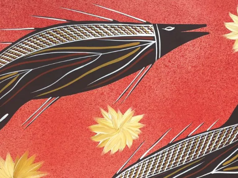 A painting of two black fish silhouettes with intricate patterns of white, yellow, and red lines painted on their skin. The fish are positioned diagonally across a red textured background. Five yellow leaf and feather-like shapes are scattered across the composition.