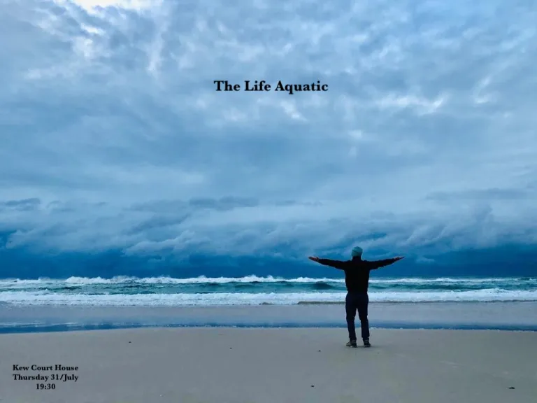 a man stands with arms spread wide on a beach in front of a large sky and surf