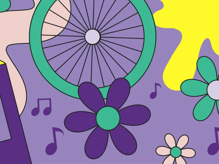 Colourful cartoon-style banner in purple, yellow and green, decorated with cheerful smiley faces and flowers.