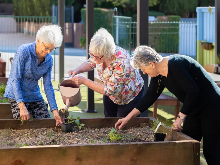 Three women work together at a community garden.