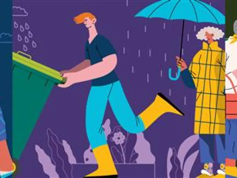 people wheeling rubbish and recycling bins in sun and rain.