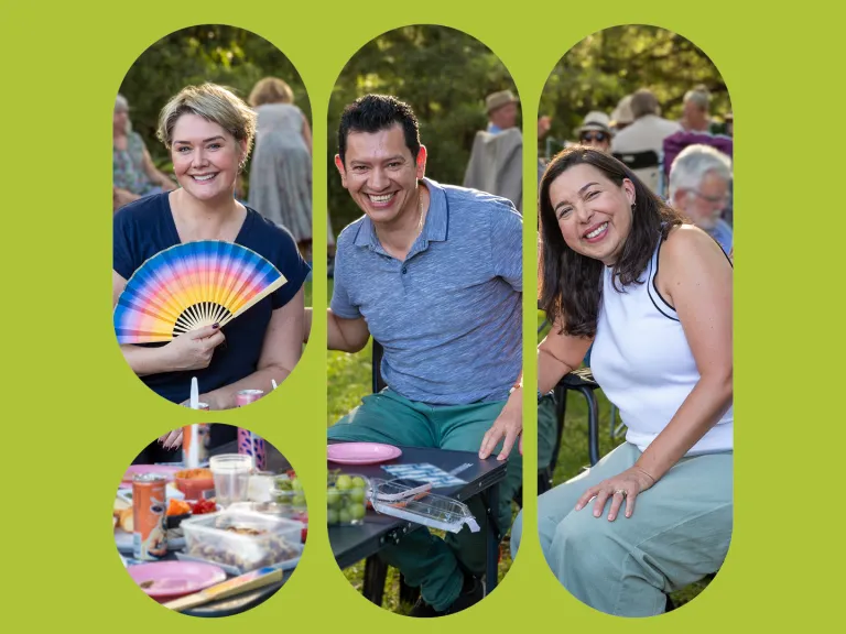 Three people shown in photo tiles on a solid green background.