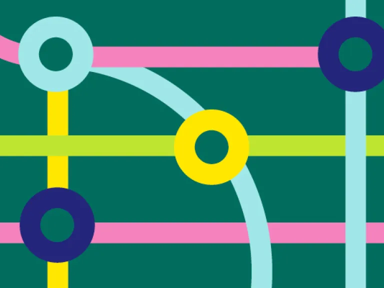 Intersecting coloured lines with coloured circles marking each junction