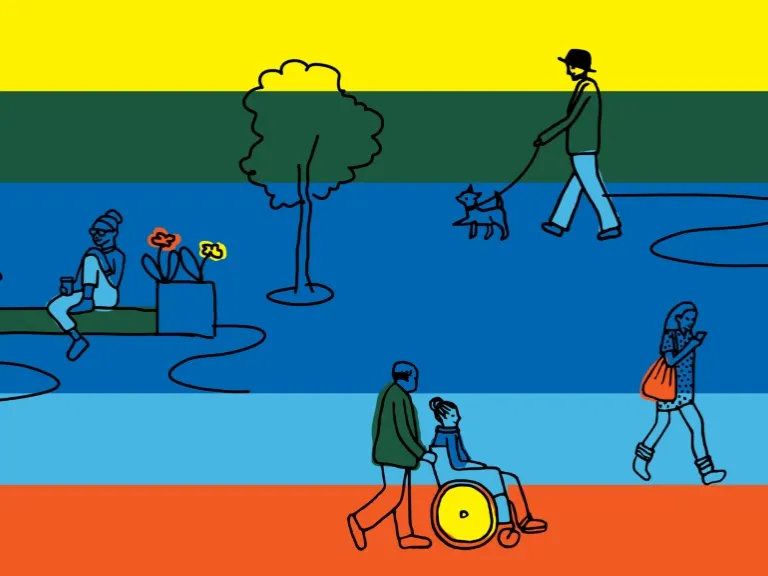 A drawing of people walking down on a street over a background of coloured stripes