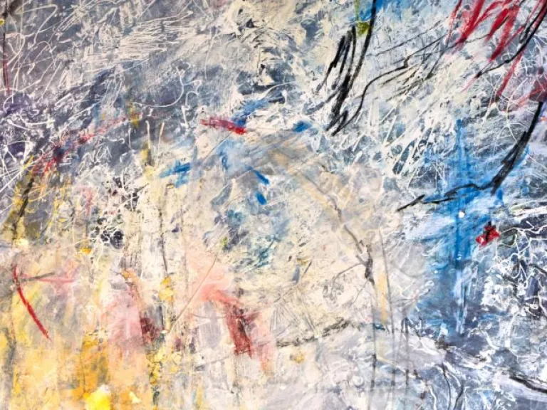 An abstract painting filled with layered white, grey, and pale-yellow brushstrokes, with thin black, red, and blue lines looping and intersecting across the surface. The composition is textured, with scribble-like marks and overlapping colours creating a dense, swirling effect.
