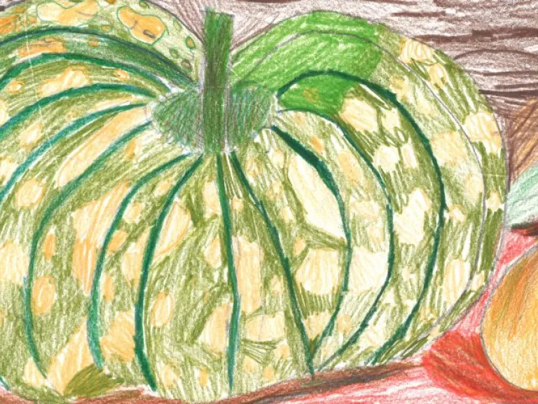 Drawing of a green pumpkin with orange spots on a brown and red background. Leaves and pieces of orange fruit sit around the big pumpkin. A textured brown background fills the upper half of the image.