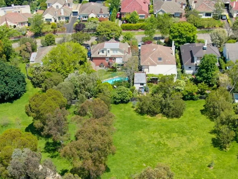 Arial view of a green space filled with trees boarded by houses. 