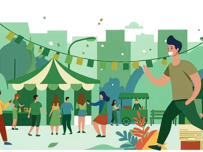 cartoon drawing of a person entering a festive outdoor scene with bunting