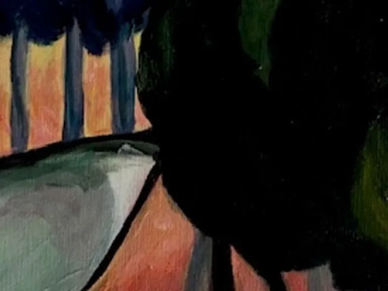 A stylised landscape painting showing a row of dark blue trees along a path on the left and a cluster of large, dark green trees in the foreground on the right. 