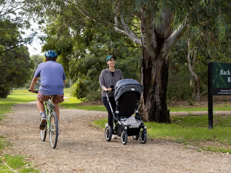 A person on a bike passes a person with a stroller on a walking track through a park