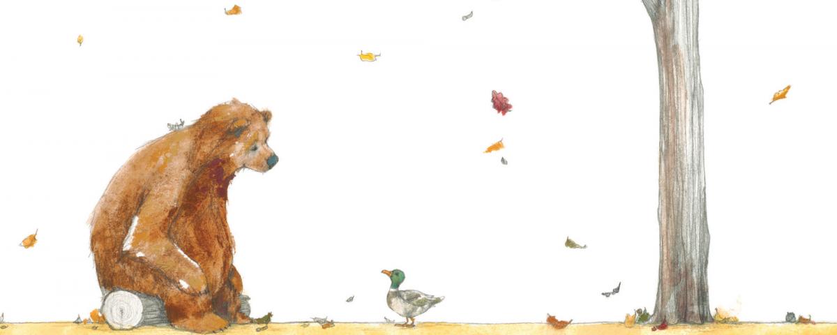 The cover of the book 'Bear has a story to tell' with a picture of a brown bear sitting on a log  next to a duck, and the pair are beside a tree that's dropping it's leaves