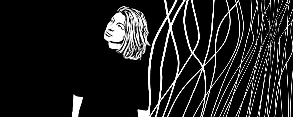 A black and white line image of a woman with shoulder length hair. Half of the background has wavy white lines down the length of the image.