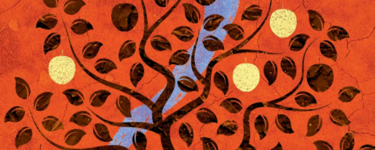 Part of the 'Where the fruit falls' book cover depicting a drawing of a tree with fruit and a river in the background