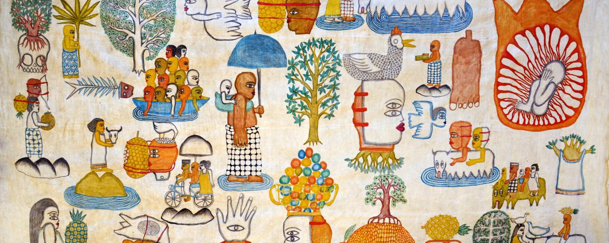 Colourful naive painting of faces, trees and animals