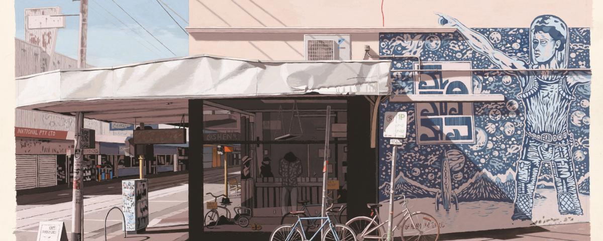 A painting of a cornershop on a quiet but modern street, with bikes parked outside and a blue intricate mural of a spaceship on the wall beside in