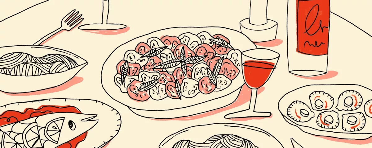 Illustration of a dining table with pasta and wine