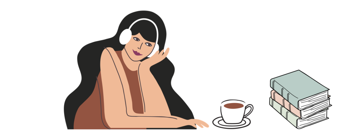 Vector graphic of person with headphones, coffee cup, book stack and house plant