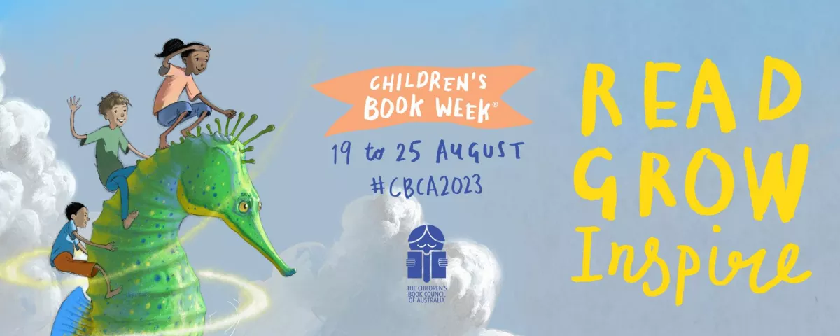 Children's book week illustration of three children riding a green dragon