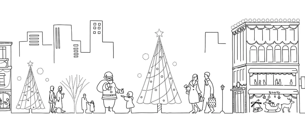 Line drawing of people shopping and santa claus handing out a gift next to a christmas tree