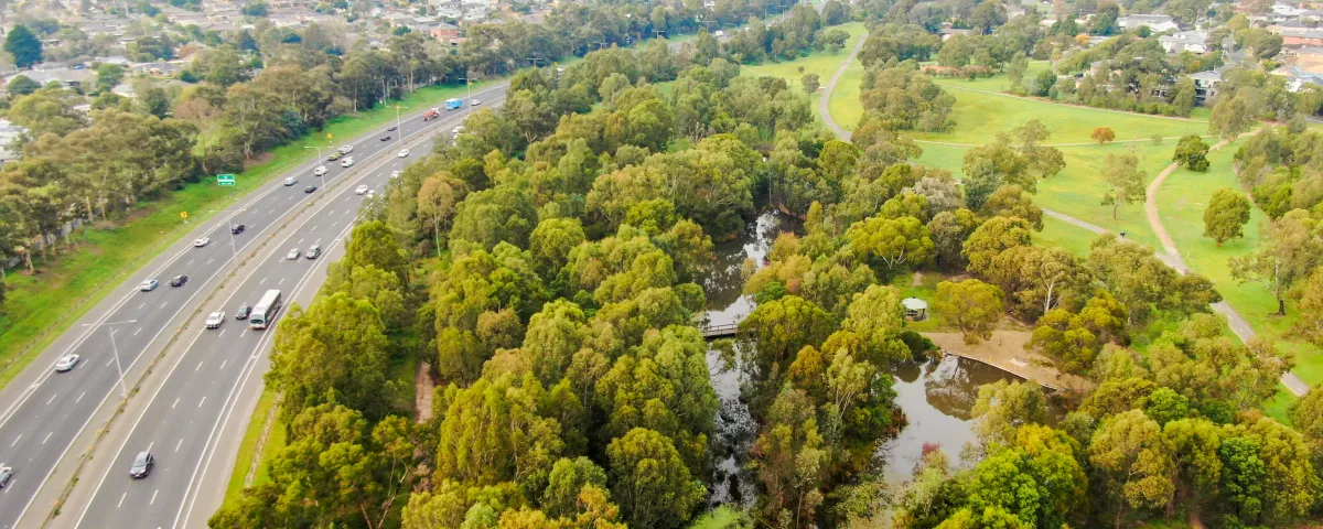 Arial view of Koonung reserve with the Eastern freeway to the left.