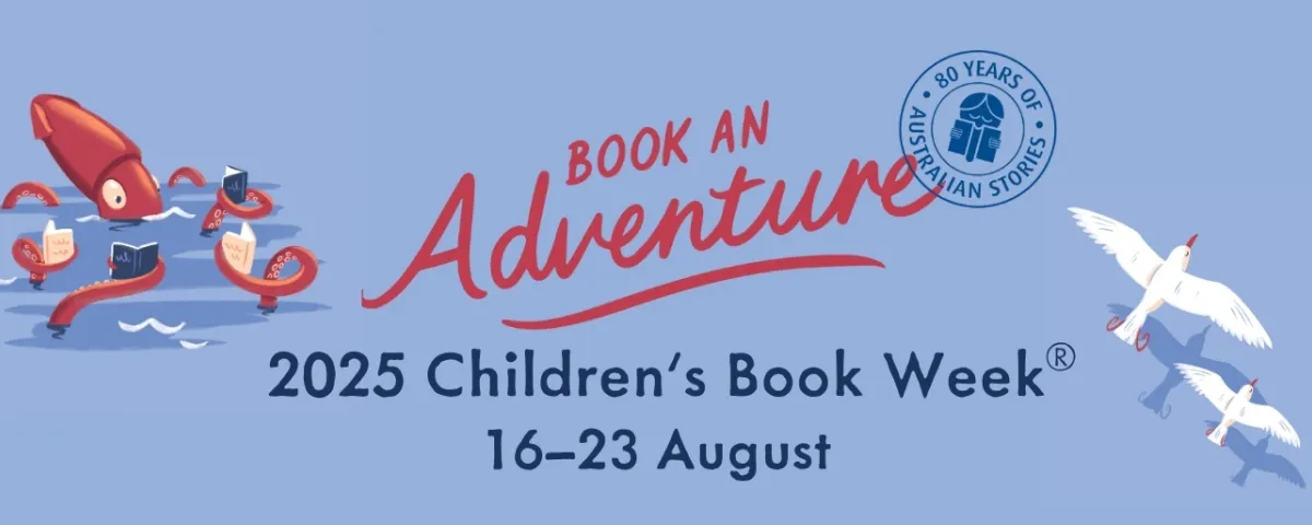 Book Week logo set on blue background with an image of an octopus reading and two seagulls flying. 