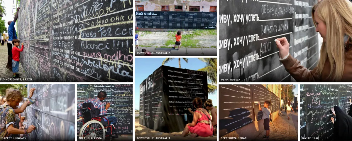 Banner collage of diverse people writing on a chalkboard to complete the prompt "before i die i want to.."
