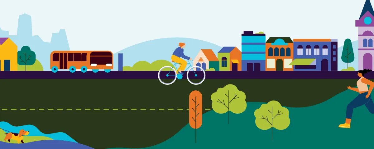 Illustrated scene showing a lively community environment with people walking a dog, running, and cycling. In the background are colourful buildings, trees, and a bus, representing an active and connected neighbourhood.