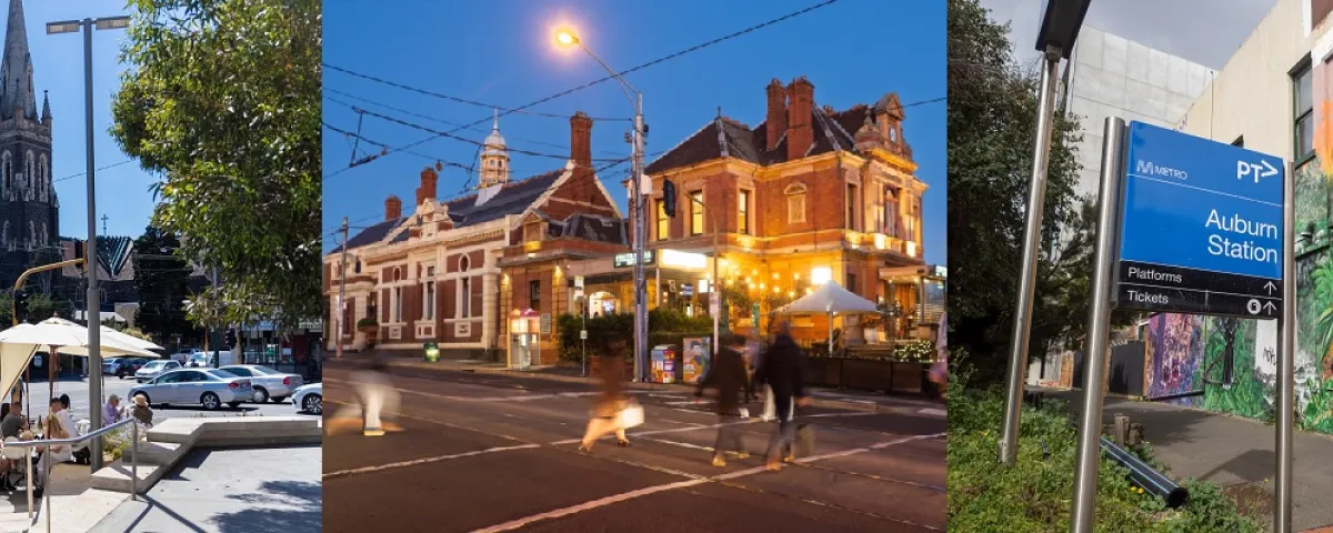 a collage of 3 vibrant suburbs in eastern Melbournre
